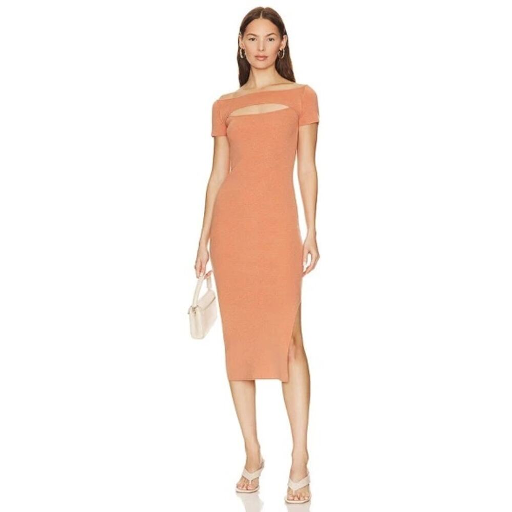 Small Renata One Grey Day Apricot Midi Knit Dress with Front Key Hole NWT